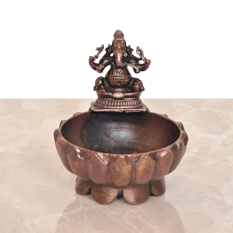 Copper Ganesha Urli Bowl for Floating Flowers Laxmi Urli for Diwali Pooja Gift Decoration Showpiece (Height 3 Inch)