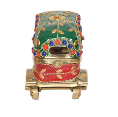 Brass auto rickshaw showpiece from rear/front angle, green canopy with gold details and red base