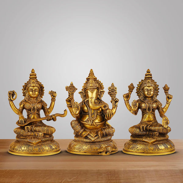 Brass Lakshmi Ganesha Saraswati Idol (Height :8 Inches)
