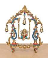 Brass Ganesha playing on swing idol front view with gold-tone frame and bells