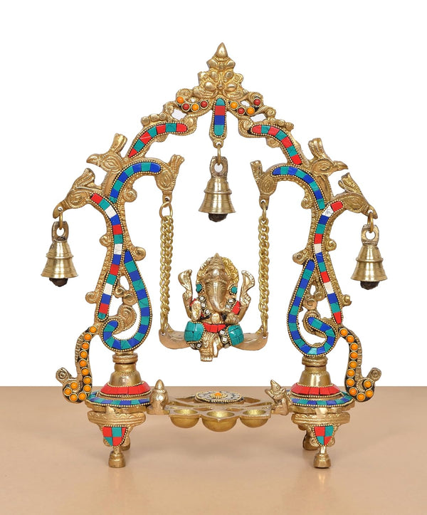 Brass Ganesha Playing On Swing Idol (Height 14 Inch) Study Setting
