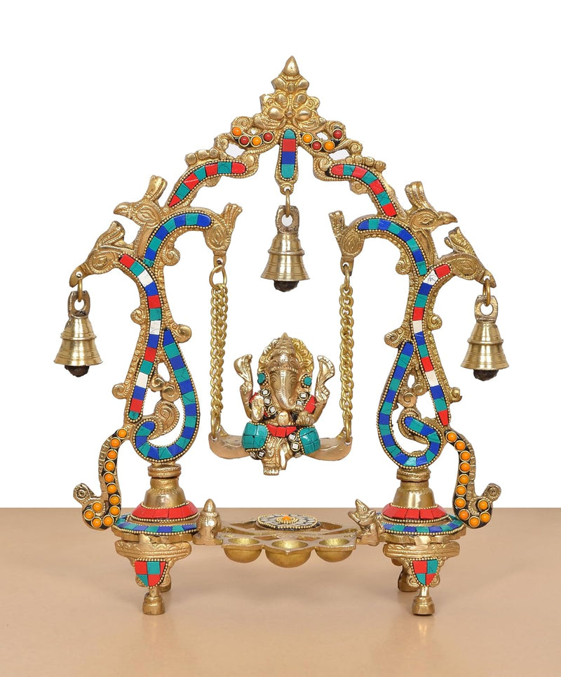 Brass Ganesha Playing On Swing Idol (Height 14 Inch)