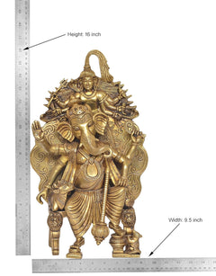 Golden brass Ganesha statue with size markings: height 16 in, width 9.5 in