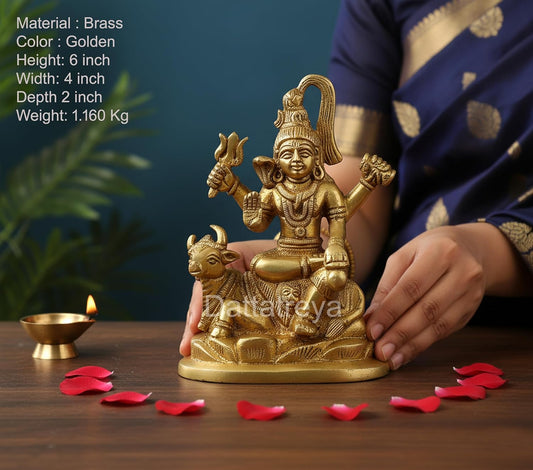 Brass Lord Shiva Sitting On Nandi Statue (Height: 6 Inches)