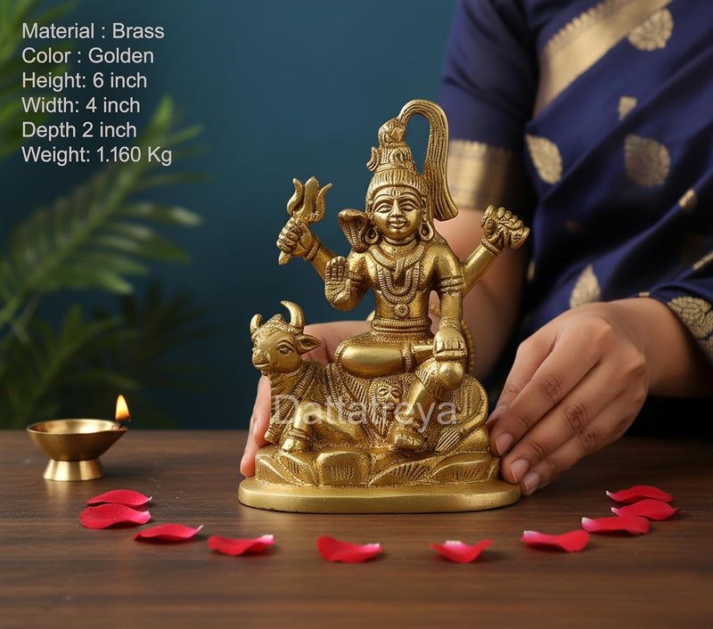 Brass Lord Shiva Sitting On Nandi Statue (Height: 6 Inches)