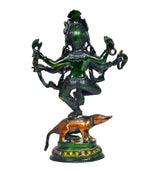 Green-toned brass dancing Ganesha idol with six arms on brown mouse, decorative base