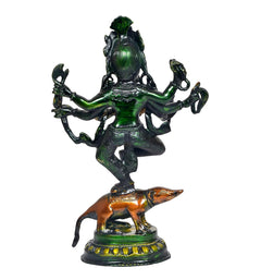 Green-toned brass dancing Ganesha idol with six arms on brown mouse, decorative base