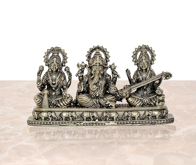 Brass Ganesha laxmi Saraswati Idol Temple Murti Diwali Pooja Gift Decoration Showpiece (Height 3 Inch)