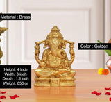 Brass Ganpati murti, golden, height 4 inch; seated on decorated pedestal