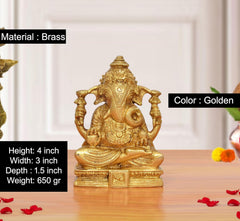 Brass Ganpati murti, golden, height 4 inch; seated on decorated pedestal