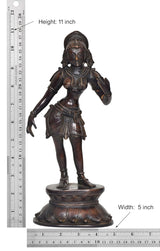 Brass Apsara statue with height 11 inch marked, full-body view on round base