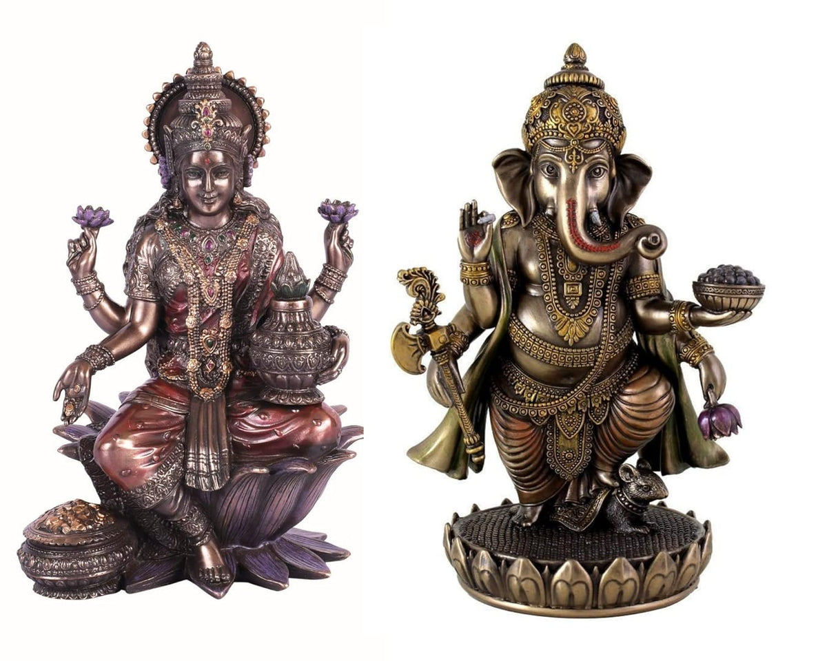 Bonded bronze resin idol of Maa Lakshmi and Lord Ganesha, seated, 13 in