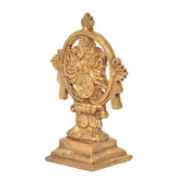 Brass Sudarshana Vishnu with Yoga Narasimha statue, angled view of ring halo and arms