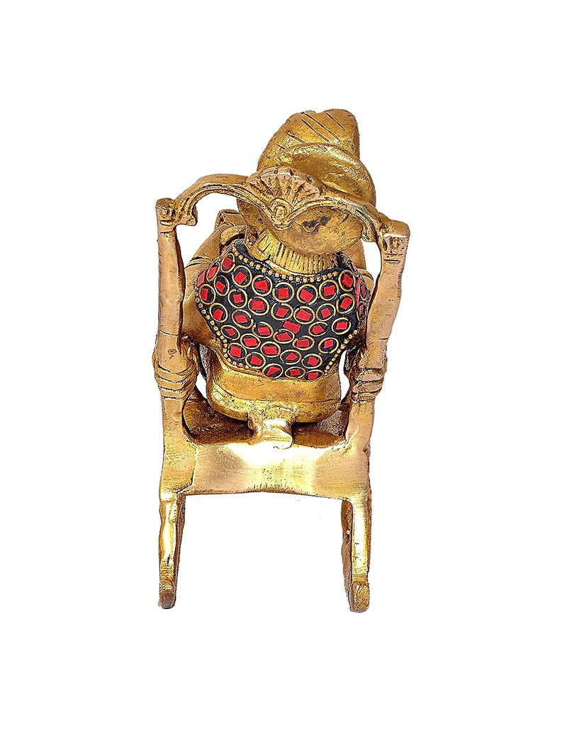 Brass Ganesha Statue Book Reading Turbaned Ganesh Sitting on Chair Sculpture, Height 7 inches