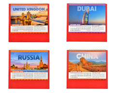 Desk calendar mini pages showing United Kingdom, Dubai, Russia, and China for 2026
