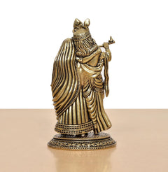 Superfine brass Radha Krishna idol, back view, detailed drapery and crowns