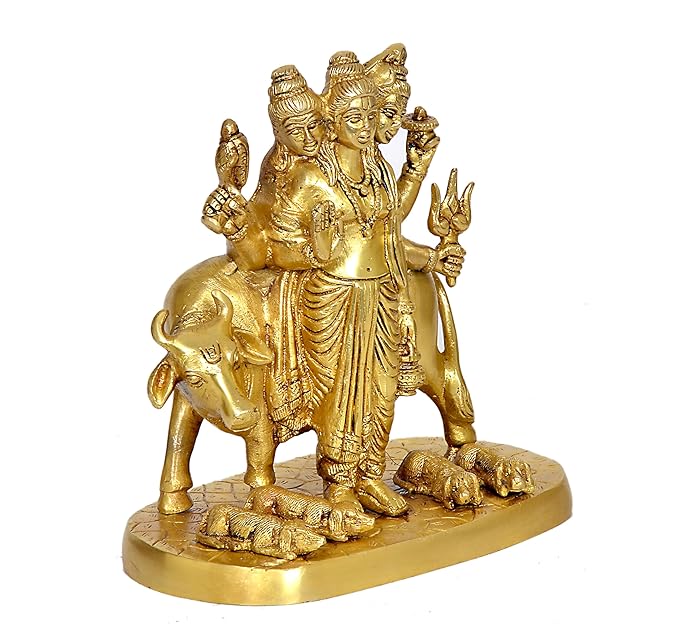 Brass Statue Hindu Trimurti Brahma Vishnu Mahesh Figurine Idol Dattatreya with Auspicious Cow : Lord Shiva Tridev for Home Temple Office Table Shop Height- 8 Inch