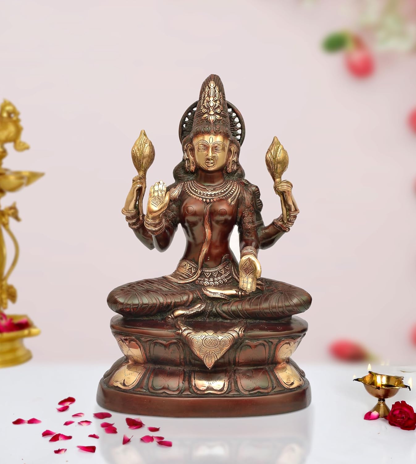 Brass Lakshmi Idol Laxmi Goddess Lakshmi Sitting Statue for Puja Temple at Home Decor Office (Height: 17 Inch)