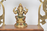 Brass God Ganpati statue, 7.5-inch, jeweled multicolor deity on pedestal