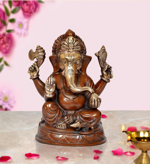 Brass Lord Ganesha Idol Ganesh Statue Decorative Sculpture for Home Decor Office Mandir Pooja Showpiece (Height 8 Inch)