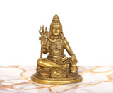 Brass Lord Shiva statue, blessing posture on round pedestal, detailed jewelry, 6.5-inch.