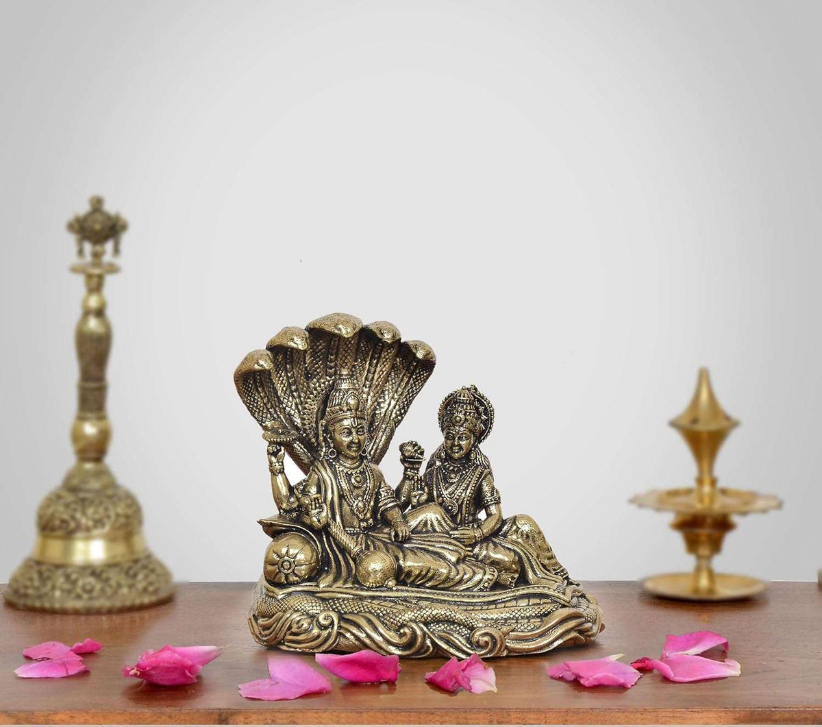 Superfine Brass Maa Lakshmi with Lord Vishnu On Sheshnag Idol (Height 3 Inch)