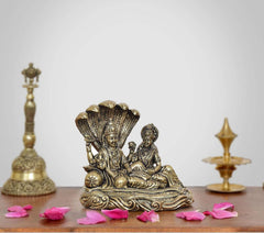 Brass Lakshmi and Lord Vishnu idol on Sheshnag, seated, 3-inch height
