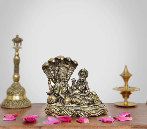 Superfine Brass Maa Lakshmi with Lord Vishnu On Sheshnag Idol (Height 3 Inch)