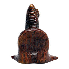 Tulja Maa goddess idol back view, dark brown engraved texture with gold banding