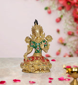 Brass Tara Devi statue: seated goddess with green-red jeweled attire, 8-inch