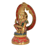 Side view of Lord Ayyappa brass idol, teal/red patterned clothes, gold halo