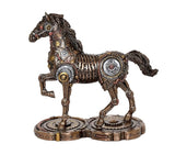 Bronze resin mechanical horse statue front view, levered legs and circular base gears