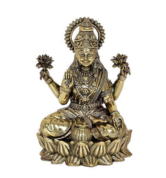 Brass Lakshmi statue idol, front view with raised hands and detailed jewelry, 5-inch