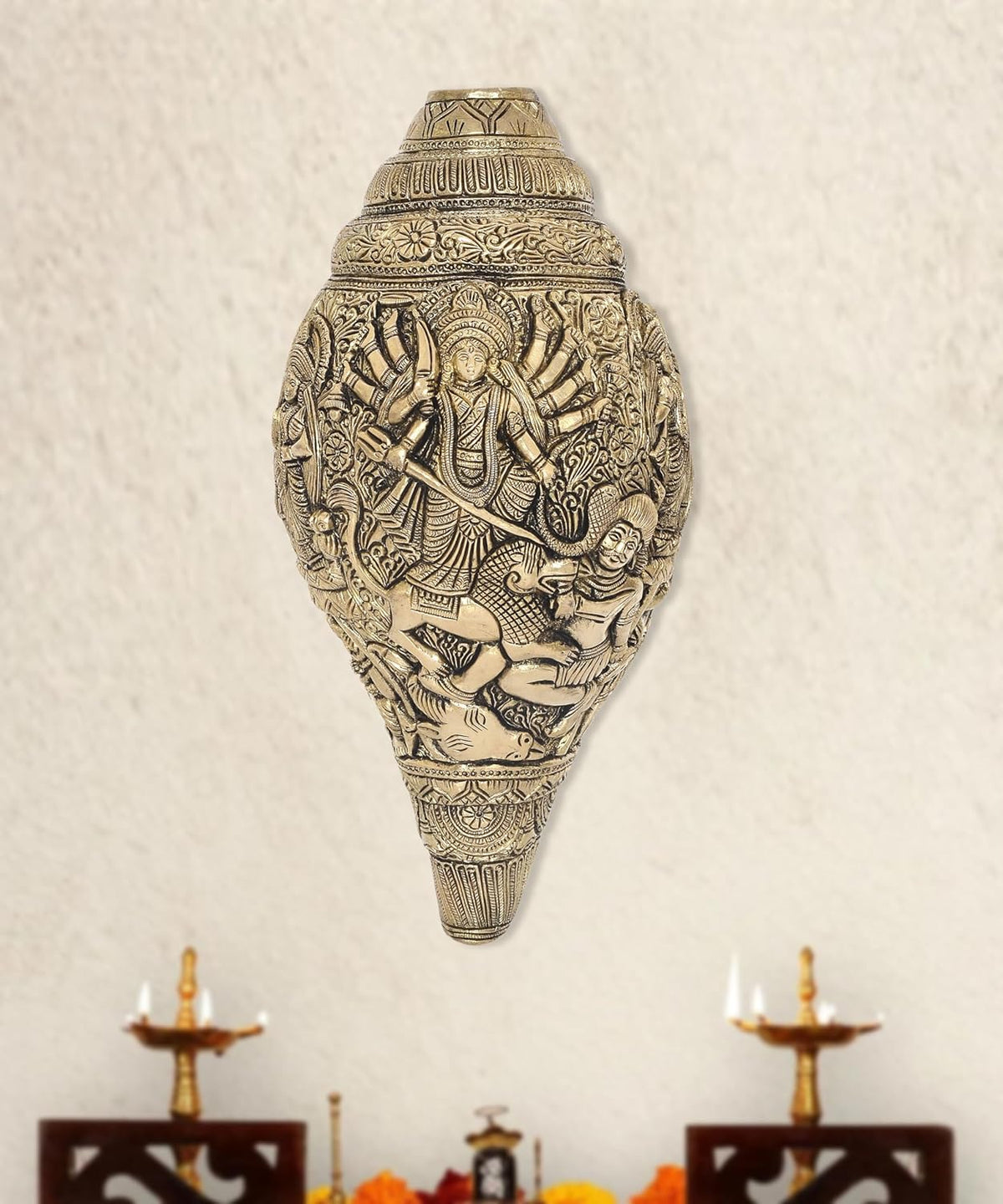 Brass shankh wall hanging with Durga Ma artwork, teardrop conch shape