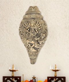 Brass shankh wall hanging with Durga Ma artwork, teardrop conch shape