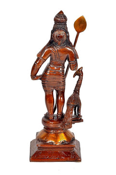 Bronze Kartikeya idol with raised emblem on spear; peacock at lower right