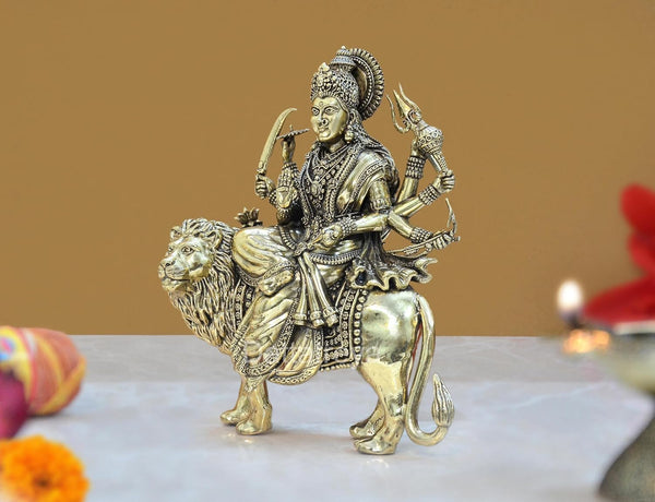 Superfine Brass Durga Maa with Lion Idol Hindu Goddess Sherawali MATA Murti MATA Rani Statue Figurine Home Temple (Height: 7.5 Inch) Study Setting