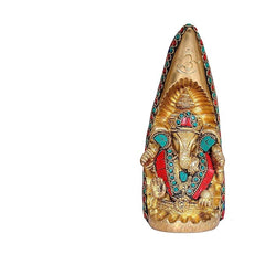 Brass Ganesh statue, front view with Om on crown; turquoise & red inlay, 7.5 in