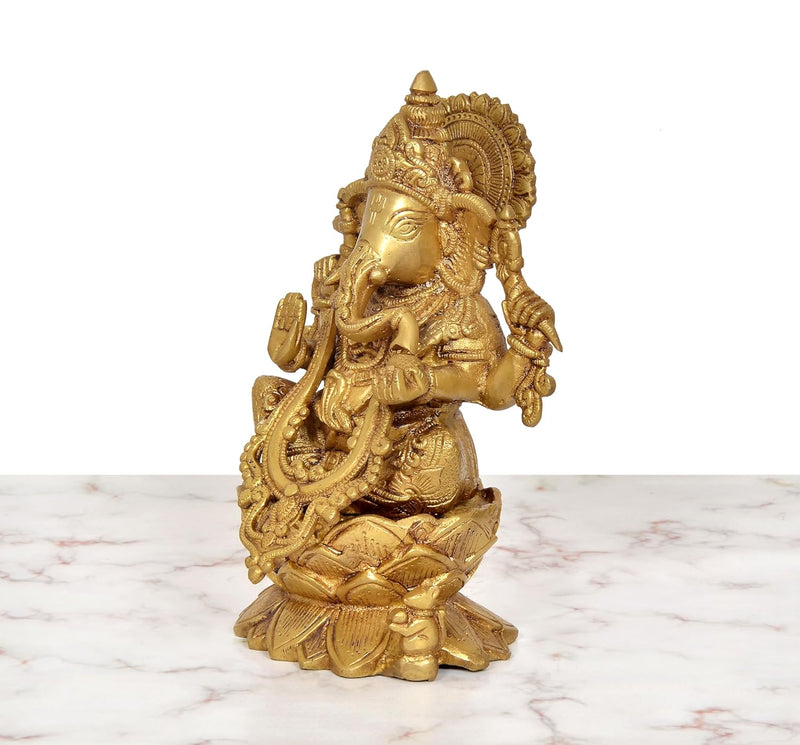 Brass Lord Ganesha Sitting On Lotus Sculpture (Height 9.5 Inch)