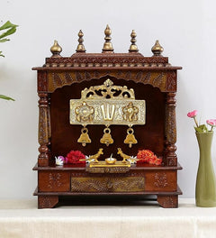 Wooden mandir wall hanging with gold Balaji idol symbol and three hanging bells