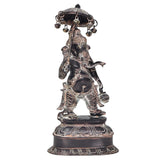 Statua del Ganesha in ottone con parasole in una mano, figura intera su base decorata