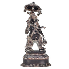 Statua del Ganesha in ottone con parasole in una mano, figura intera su base decorata