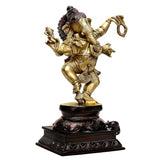 Dancing four-hand Ganesha brass statue, 12 in, raised hands on dark base
