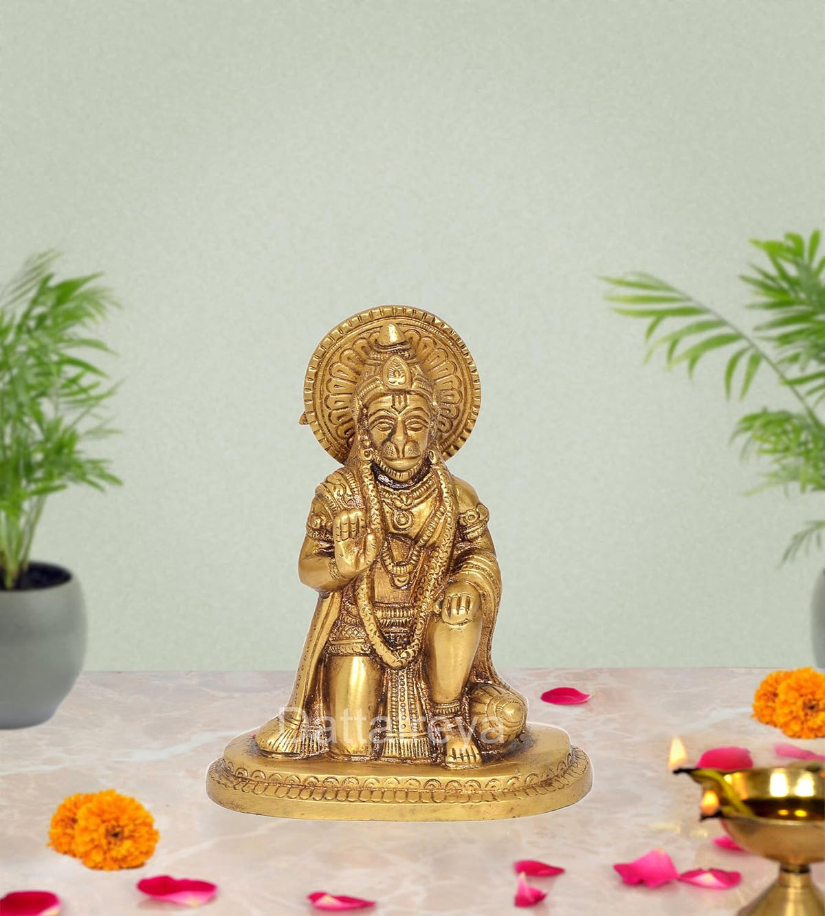 Brass Hanuman Ji sitting idol statue with detailed crown and halo, 6 inch