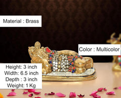 Brass Ganesha relaxing statue, multicolor jeweled inlay, 3-inch height