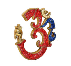 OM wall hanging sculpture side view, red and blue panels with gold brass ornament