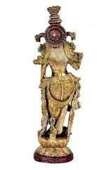 Brass Radha Rani statue back view, ornate headdress, carved back ornaments, on base