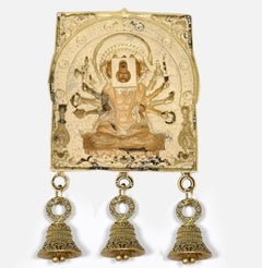 Bronze back-view Hanuman wall hanging panel with three bell charms attached below