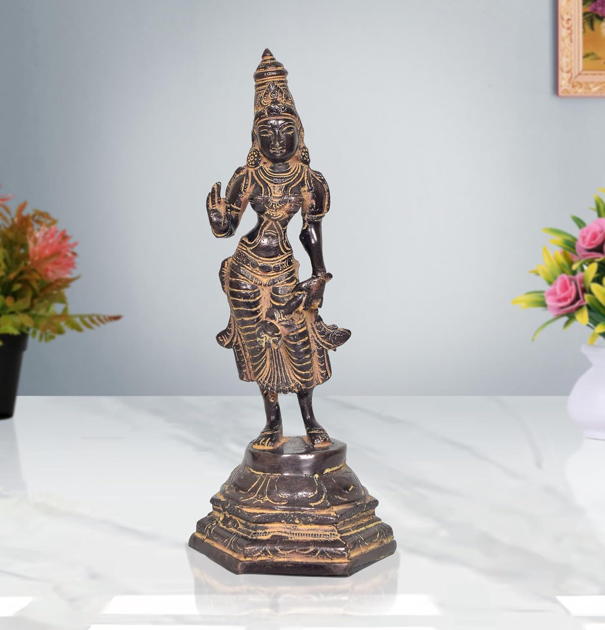 Antique brass Devi Uma Parvati statue with ornate detailing, 11 in height.