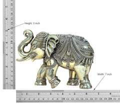 Brass elephant figurine size chart: height 5 in, width 7 in